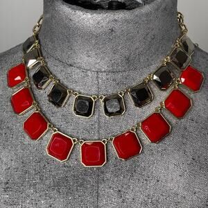 Cookie Lee necklace Chrome Gray and Red statement signed jewelry in gold tone
